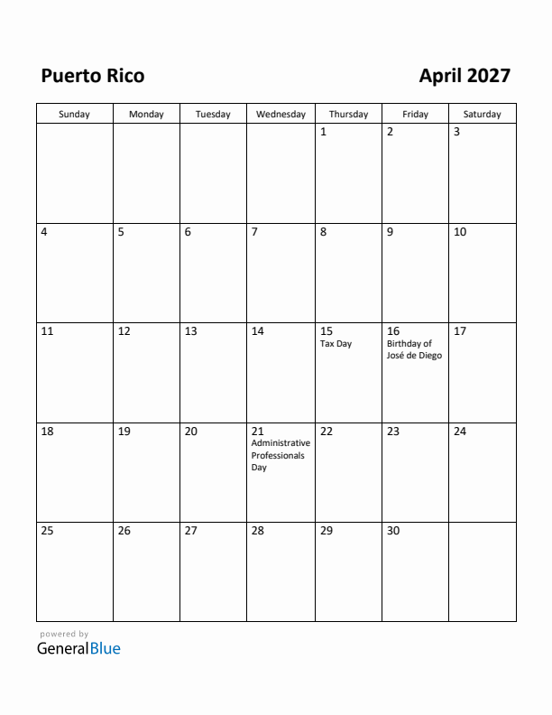 April 2027 Calendar with Puerto Rico Holidays