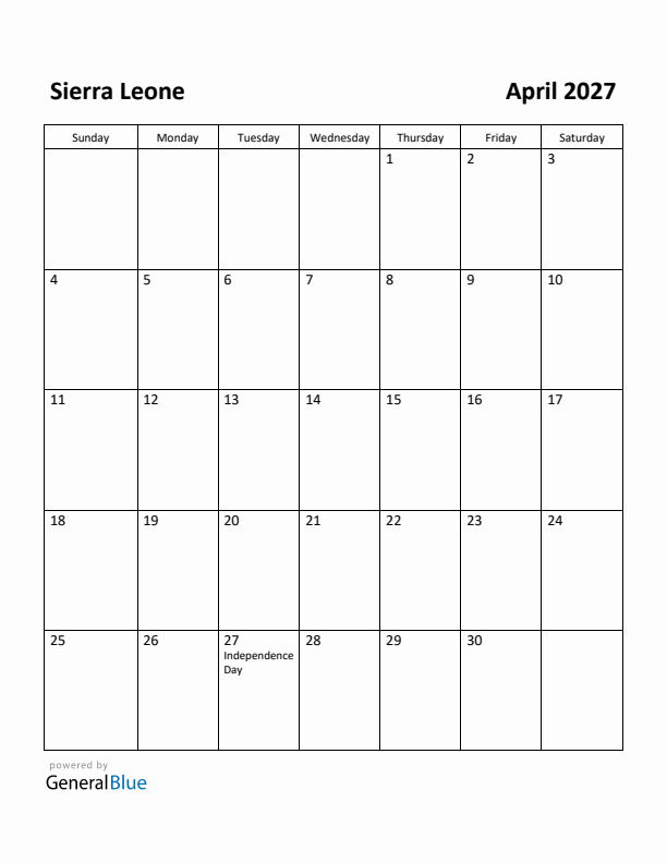 April 2027 Calendar with Sierra Leone Holidays