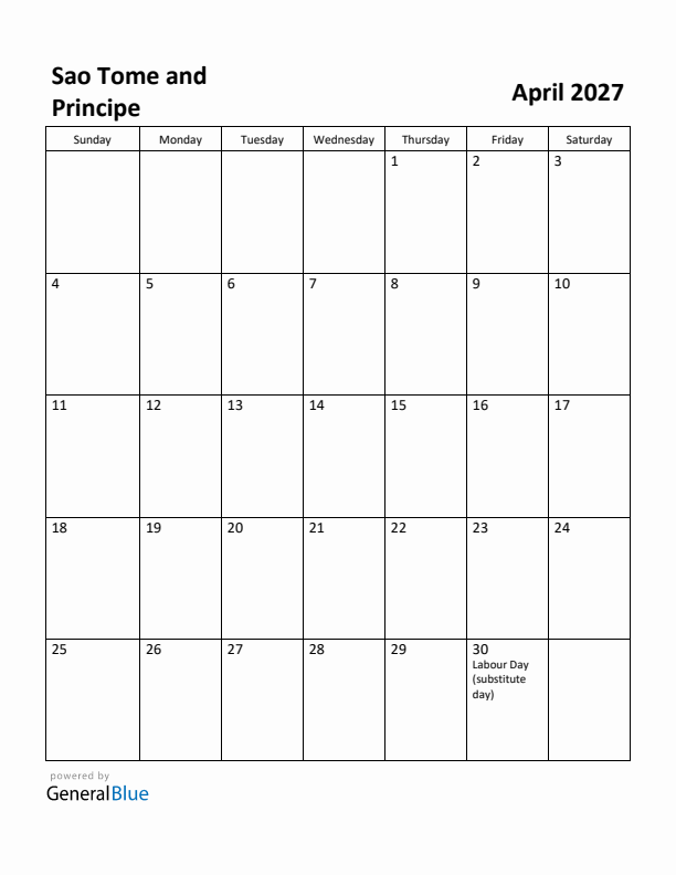 April 2027 Calendar with Sao Tome and Principe Holidays