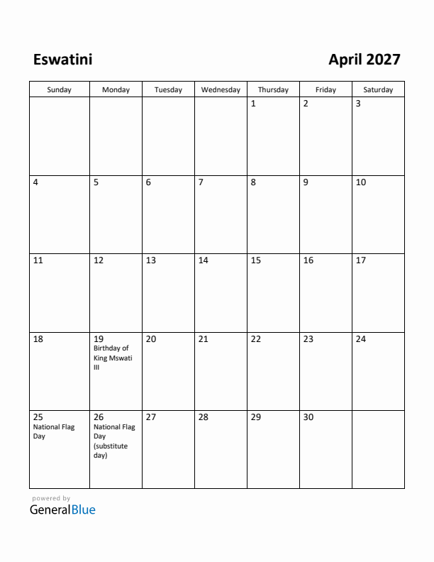 April 2027 Calendar with Eswatini Holidays