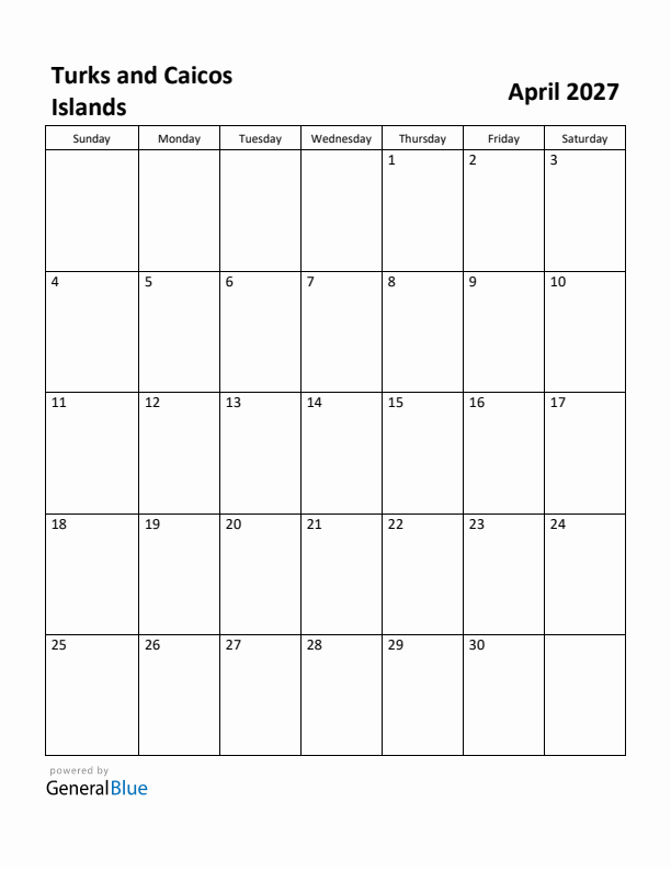 April 2027 Calendar with Turks and Caicos Islands Holidays