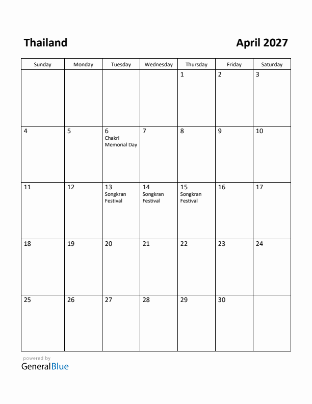 April 2027 Calendar with Thailand Holidays