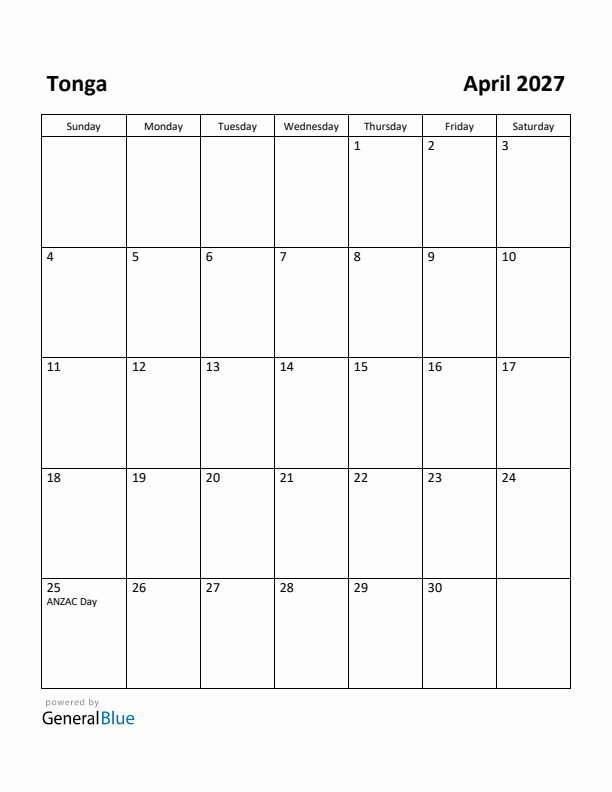 April 2027 Calendar with Tonga Holidays