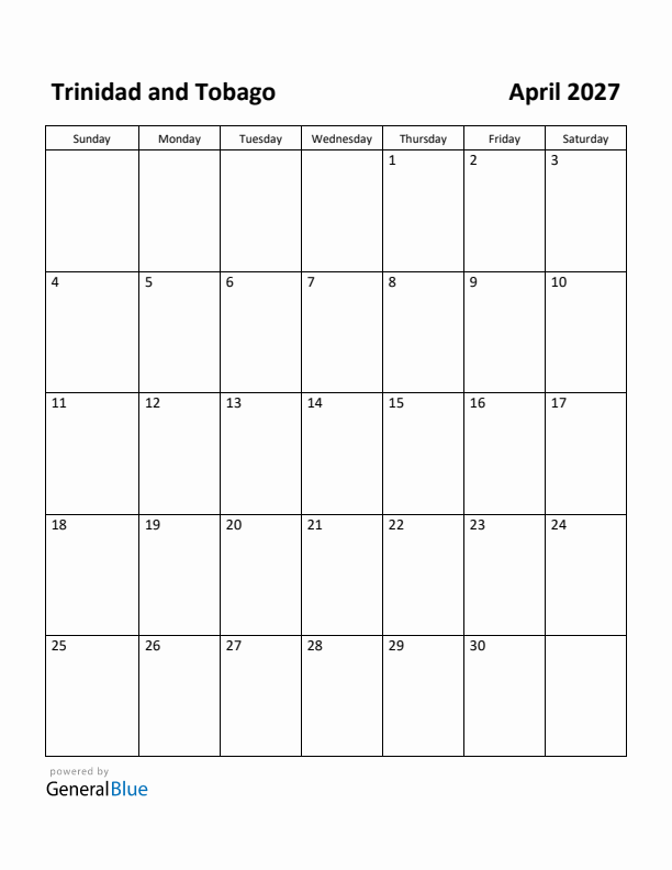 April 2027 Calendar with Trinidad and Tobago Holidays