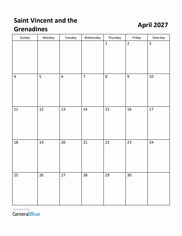 April 2027 Calendar with Saint Vincent and the Grenadines Holidays