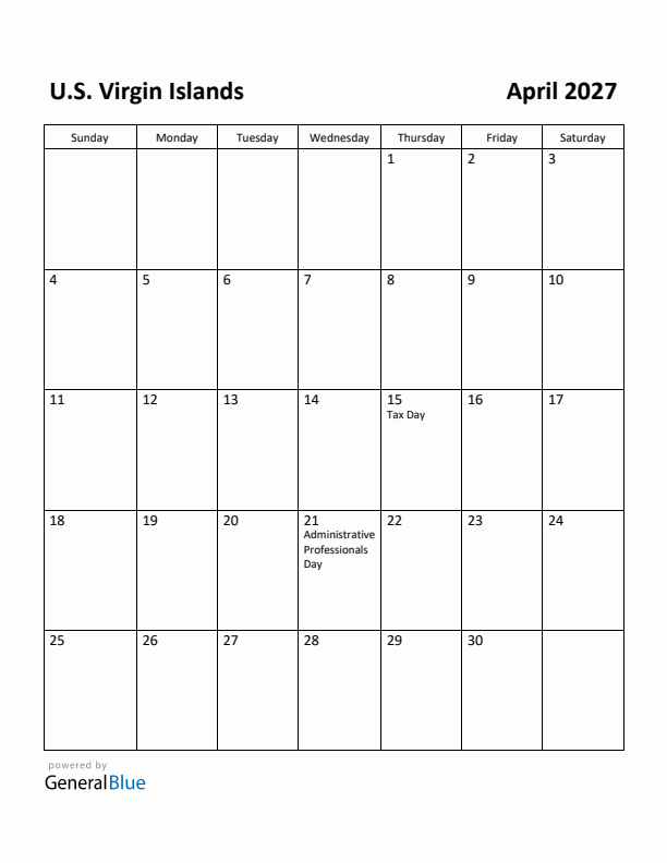 April 2027 Calendar with U.S. Virgin Islands Holidays