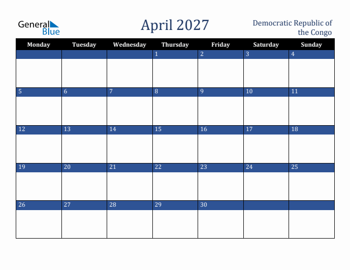 April 2027 Democratic Republic of the Congo Calendar (Monday Start)