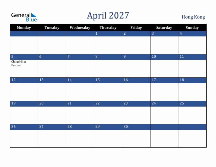 April 2027 Hong Kong Calendar (Monday Start)