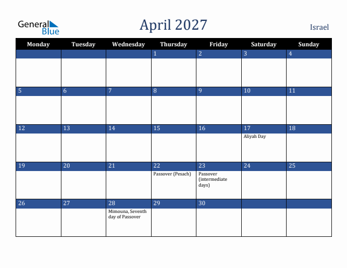 April 2027 Israel Calendar (Monday Start)