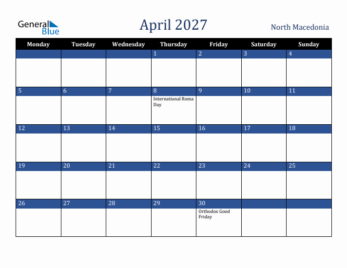 April 2027 North Macedonia Calendar (Monday Start)