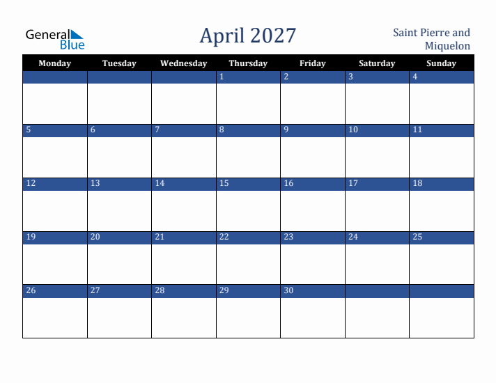April 2027 Saint Pierre and Miquelon Calendar (Monday Start)