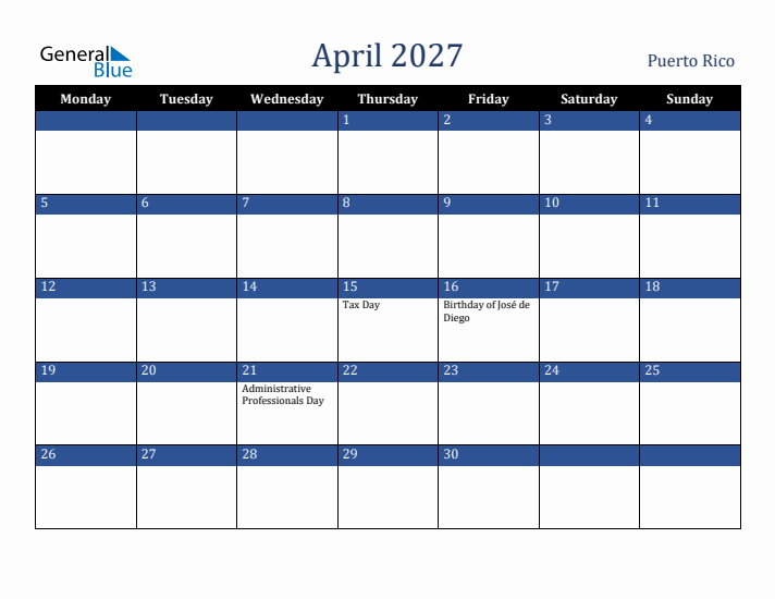 April 2027 Puerto Rico Calendar (Monday Start)