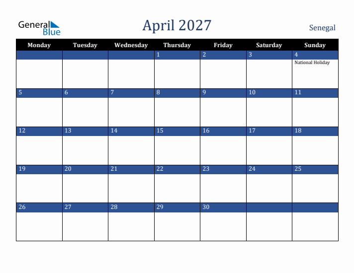 April 2027 Senegal Calendar (Monday Start)