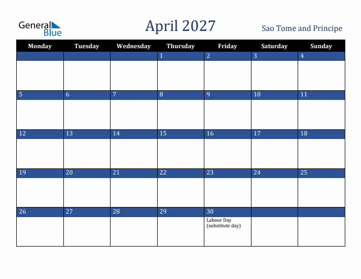 April 2027 Sao Tome and Principe Calendar (Monday Start)