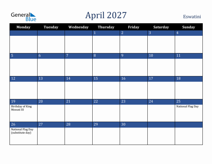 April 2027 Eswatini Calendar (Monday Start)