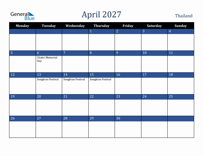 April 2027 Thailand Calendar (Monday Start)