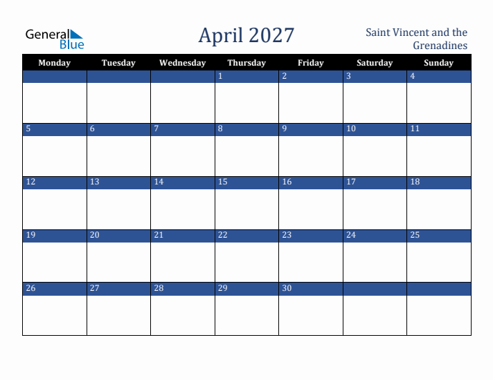 April 2027 Saint Vincent and the Grenadines Calendar (Monday Start)