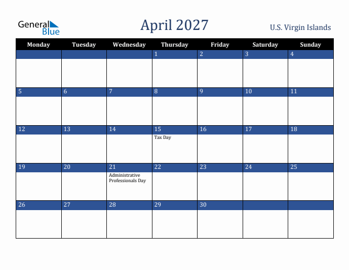 April 2027 U.S. Virgin Islands Calendar (Monday Start)