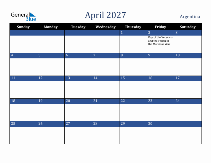 April 2027 Argentina Calendar (Sunday Start)