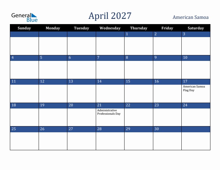 April 2027 American Samoa Calendar (Sunday Start)
