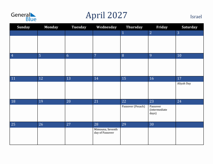 April 2027 Israel Calendar (Sunday Start)
