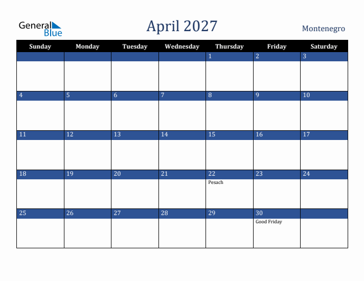April 2027 Montenegro Calendar (Sunday Start)