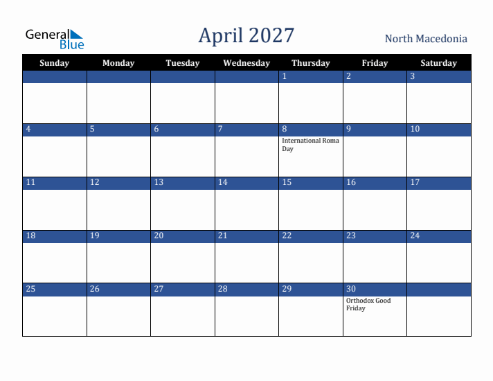 April 2027 North Macedonia Calendar (Sunday Start)