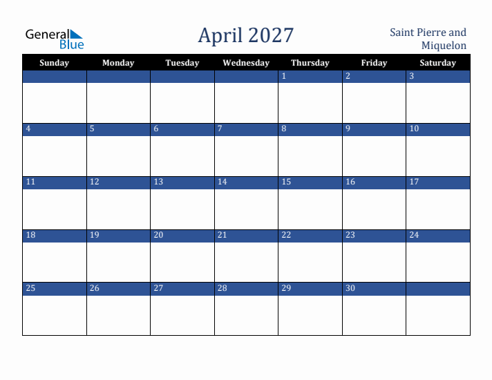 April 2027 Saint Pierre and Miquelon Calendar (Sunday Start)