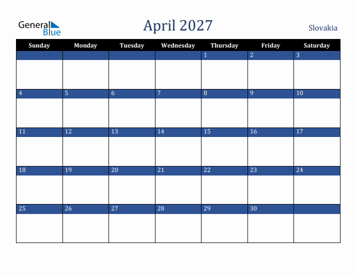 April 2027 Slovakia Calendar (Sunday Start)