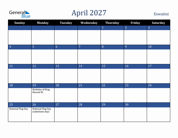 April 2027 Eswatini Calendar (Sunday Start)