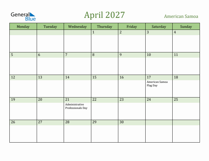 April 2027 Calendar with American Samoa Holidays