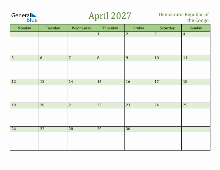 April 2027 Calendar with Democratic Republic of the Congo Holidays
