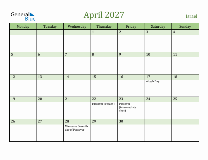 April 2027 Calendar with Israel Holidays