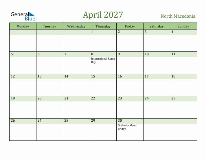 April 2027 Calendar with North Macedonia Holidays