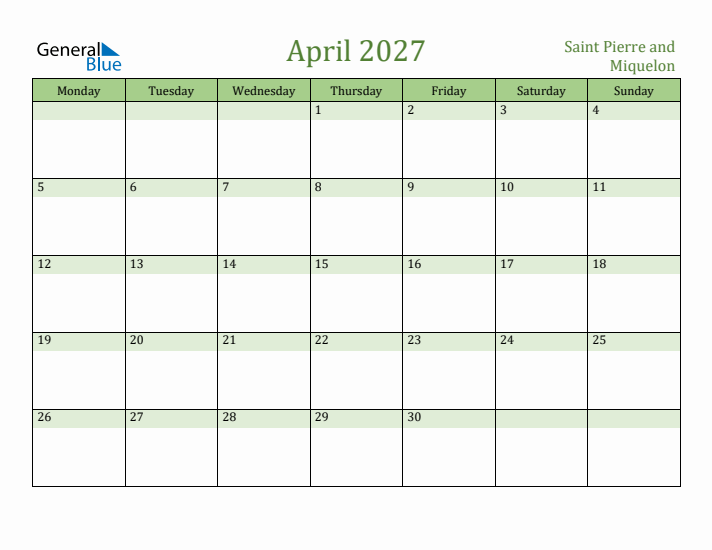 April 2027 Calendar with Saint Pierre and Miquelon Holidays