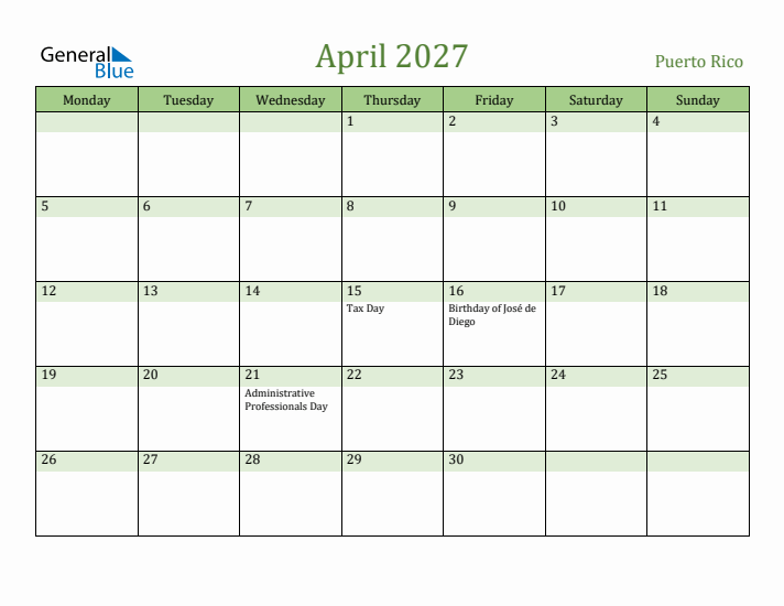 April 2027 Calendar with Puerto Rico Holidays