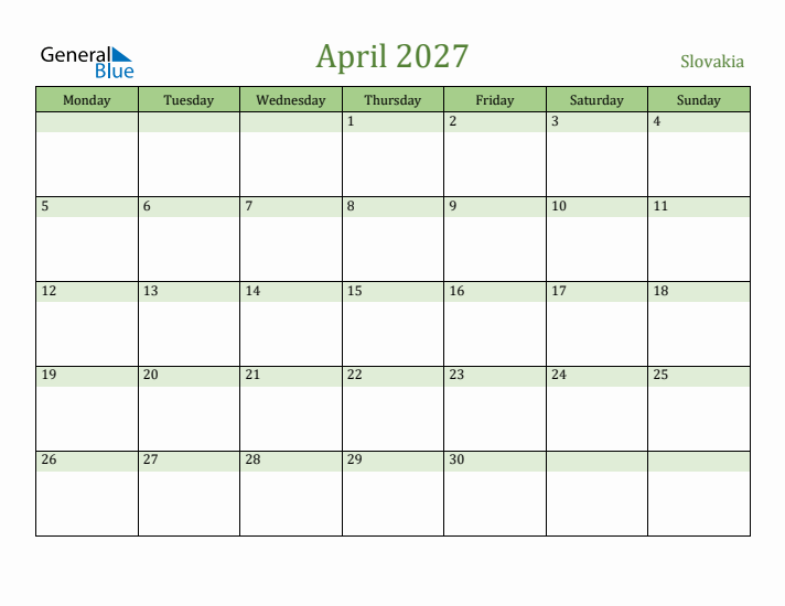 April 2027 Calendar with Slovakia Holidays