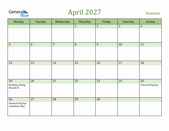 April 2027 Calendar with Eswatini Holidays