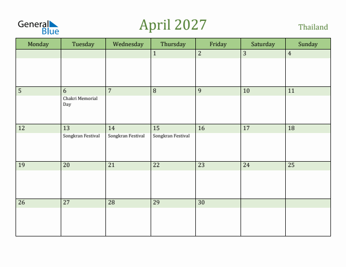 April 2027 Calendar with Thailand Holidays