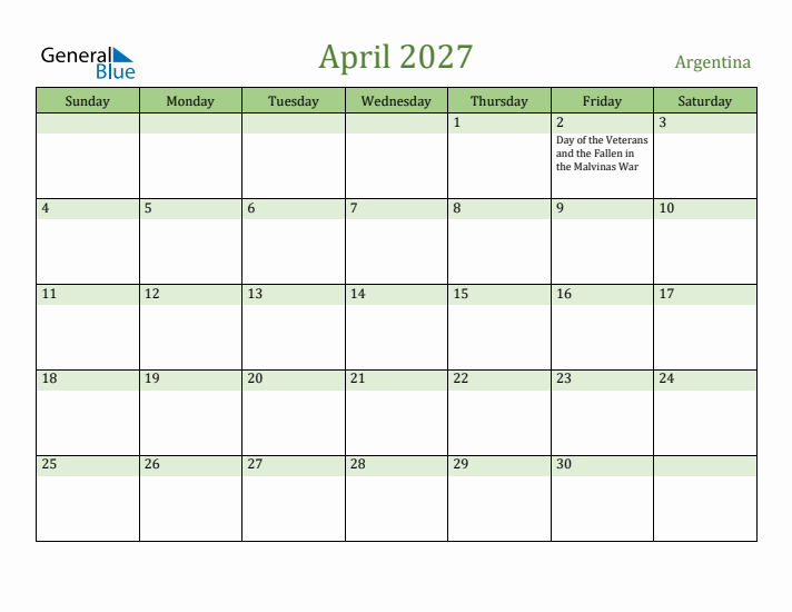 April 2027 Calendar with Argentina Holidays