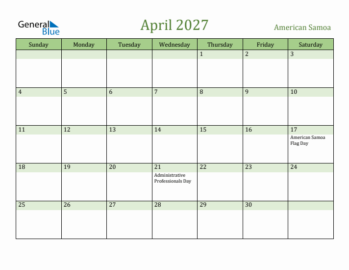 April 2027 Calendar with American Samoa Holidays