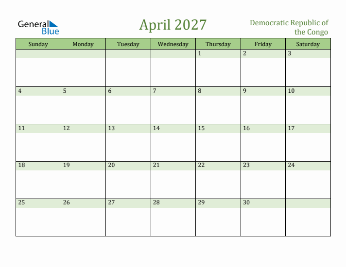 April 2027 Calendar with Democratic Republic of the Congo Holidays