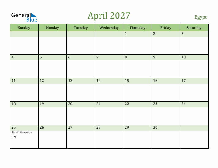 April 2027 Calendar with Egypt Holidays