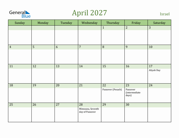 April 2027 Calendar with Israel Holidays