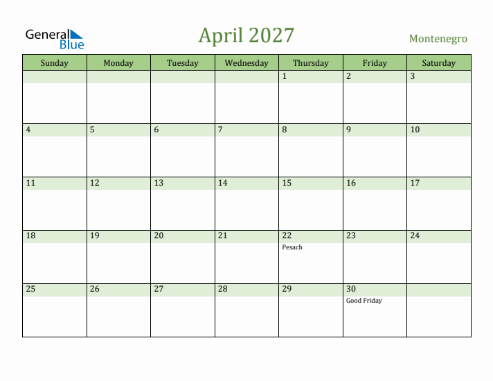 April 2027 Calendar with Montenegro Holidays
