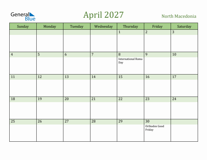 April 2027 Calendar with North Macedonia Holidays