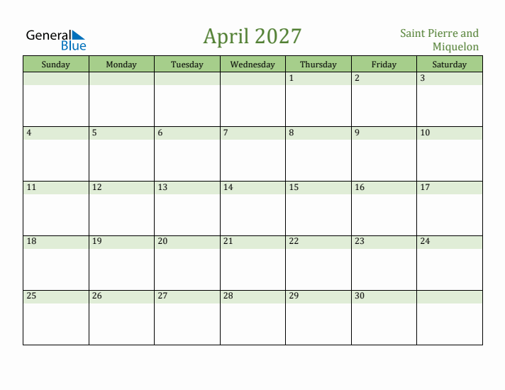 April 2027 Calendar with Saint Pierre and Miquelon Holidays