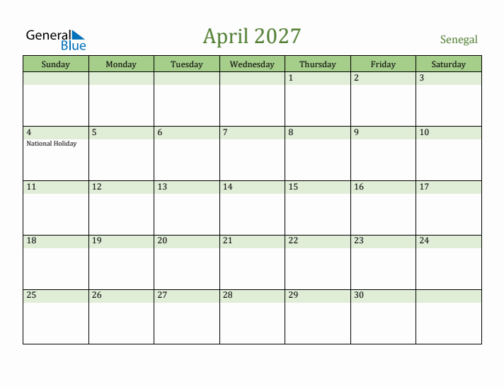 April 2027 Calendar with Senegal Holidays