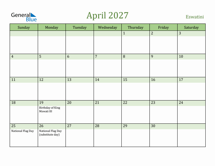 April 2027 Calendar with Eswatini Holidays