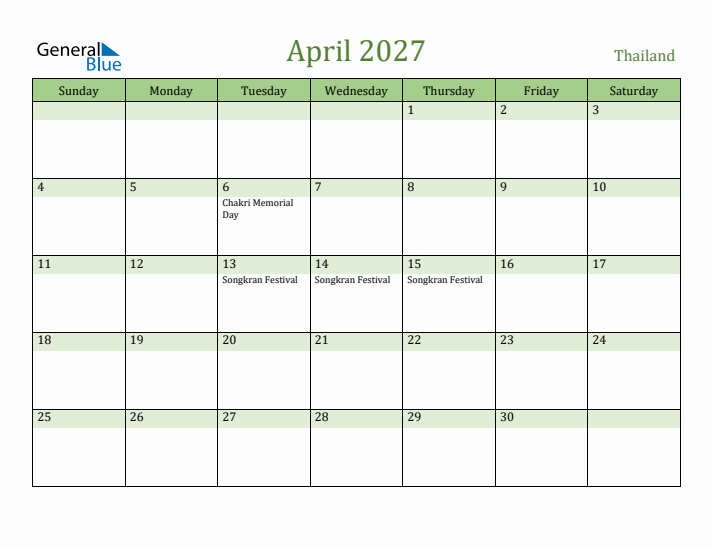 April 2027 Calendar with Thailand Holidays